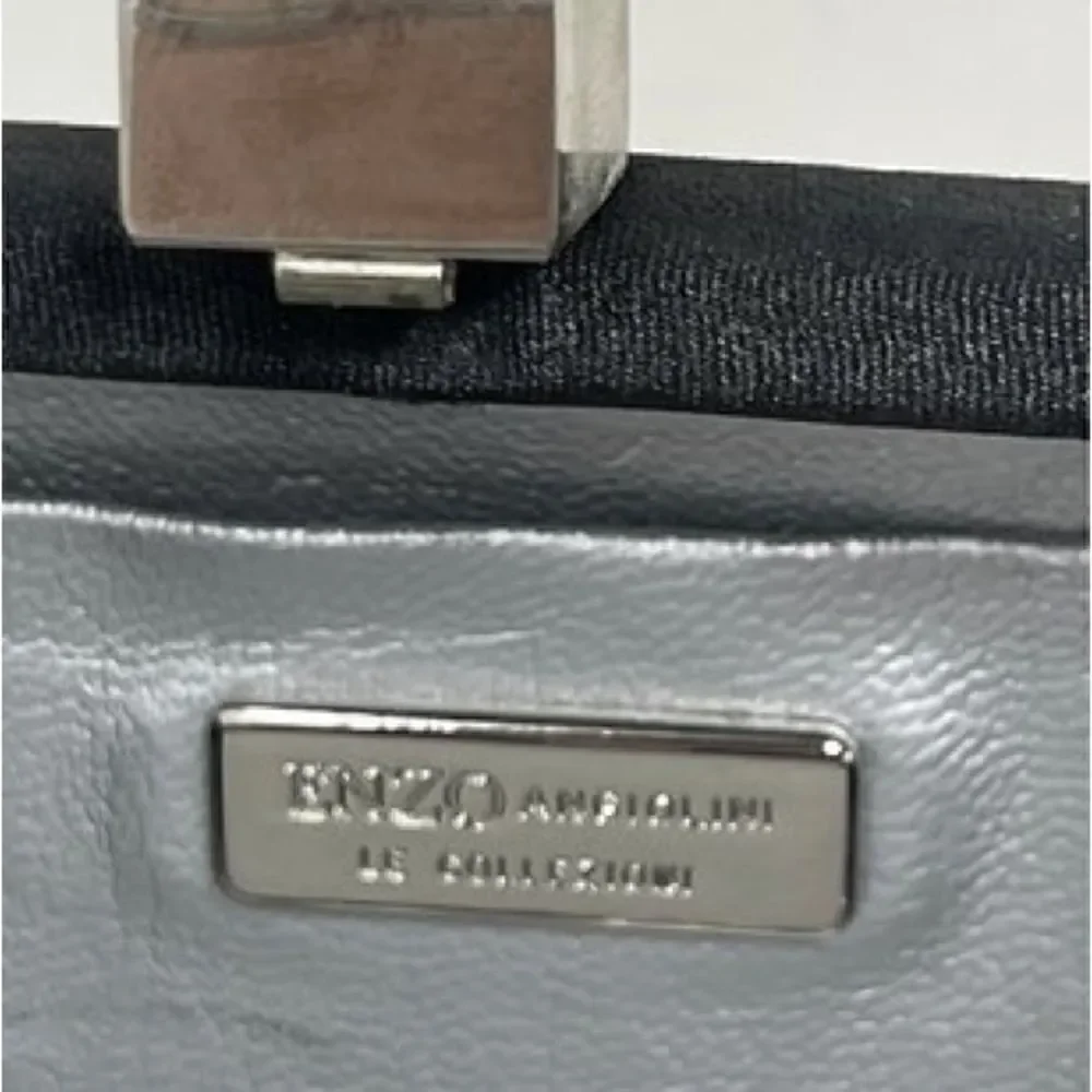 Enzo Angolini NWOT Black Sateen Clutch Bag with Silver Tone Chain & Top Clasp.